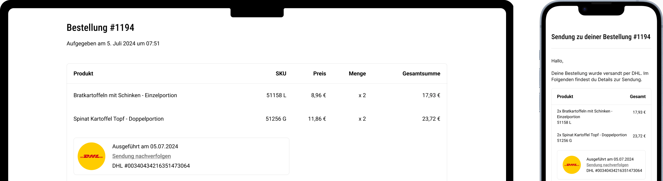 eCommerce shipment confirmation Desktop Mobile side-by-side