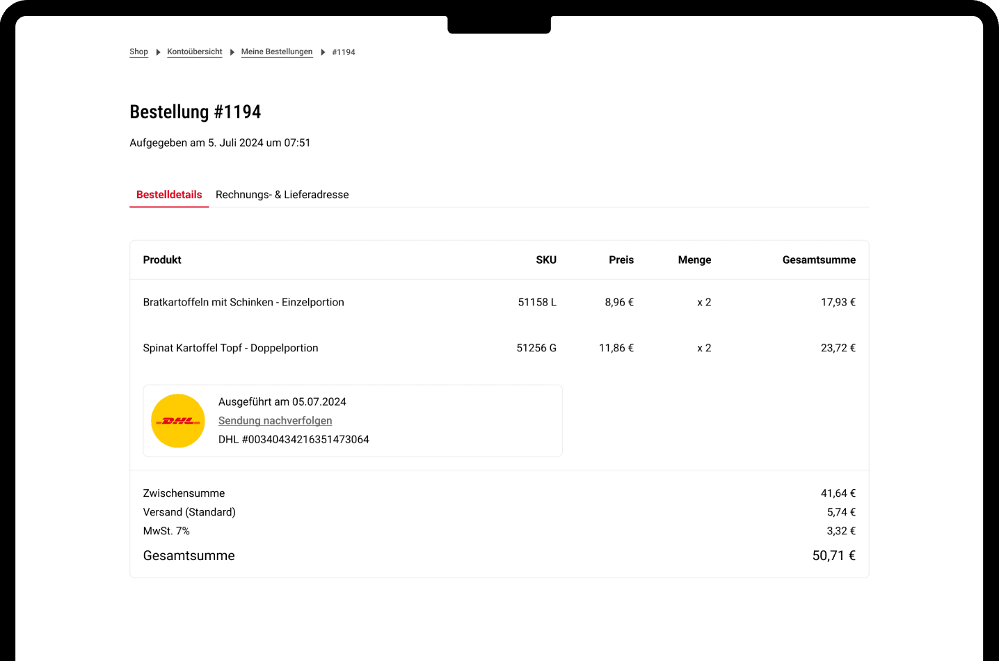 eCommerce shipment confirmation desktop mobile